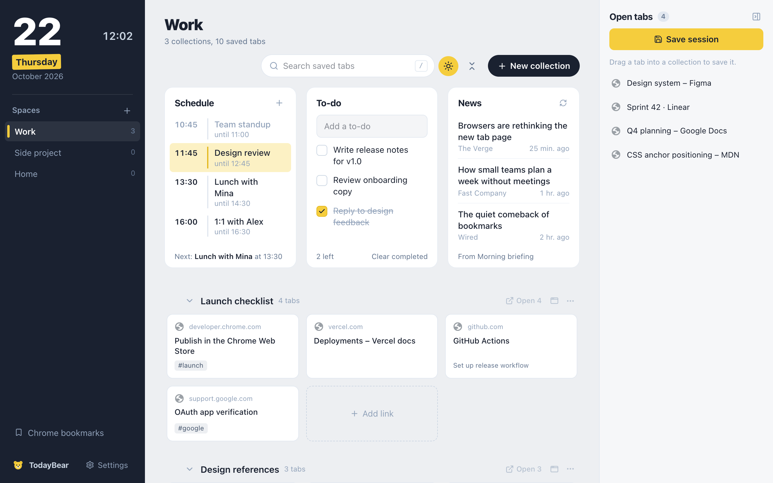 TodayBear new tab: a dark sidebar with today's date and spaces, a row with Schedule, To-do and News, collections of saved links below, and the open tabs list on the right.